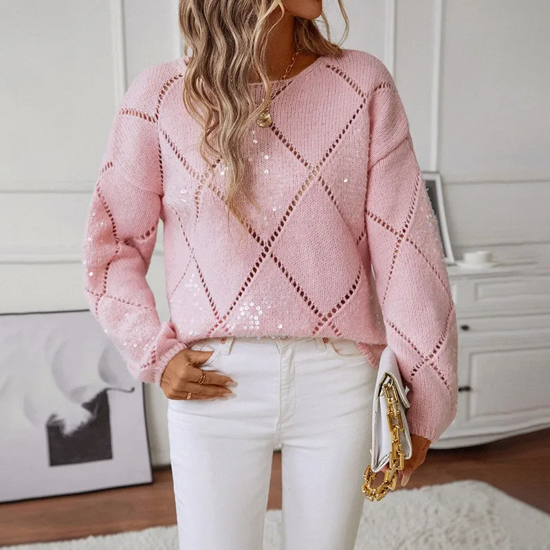 Sequin Pullover Sweater Regular Fit Commuter Chic with Heat Set Autumn Single Sequined Women Sweater Long Sleeve 3d Pattern