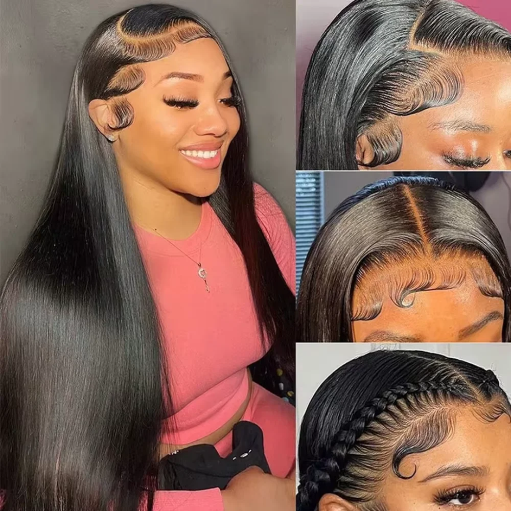 Wig Rambut Asli Brasil 100% dengan Lace Frontal Transparan HD 13x4 dan 13x6, Panjang 30-40 Inch, Warna Hitam Alami, Model Lurus, Kepadatan 200