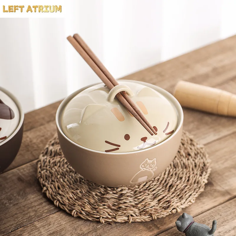 Japanese Creative Ceramic Soup Bowl Cute Cartoon Animals with Lid Cat Bowl Household Instant Noodles Bowl Rice Tableware