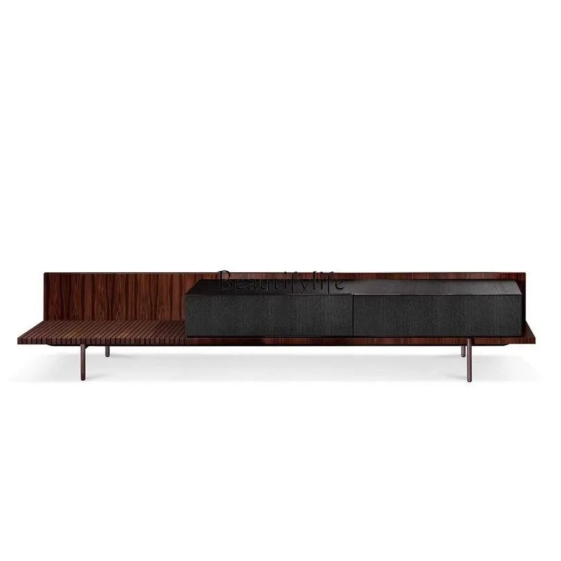 

Italian minimalist solid wood TV cabinet light luxury walnut color modern minimalist stainless steel short cabinet machine