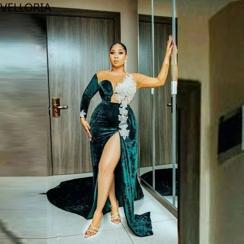 Vestido Aso Ebi de terciopelo verde, Apliques de encaje blanco, manga larga, un hombro, abertura larga, vestido de fiesta de sirena, invitados de boda personalizado