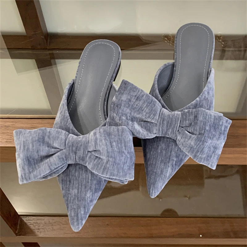 

Eilyken Autumn Designer Big Butterfly knot Mules Women Slippers Pointed Toe Elegant Stripper Square Heel Ladies Shoes