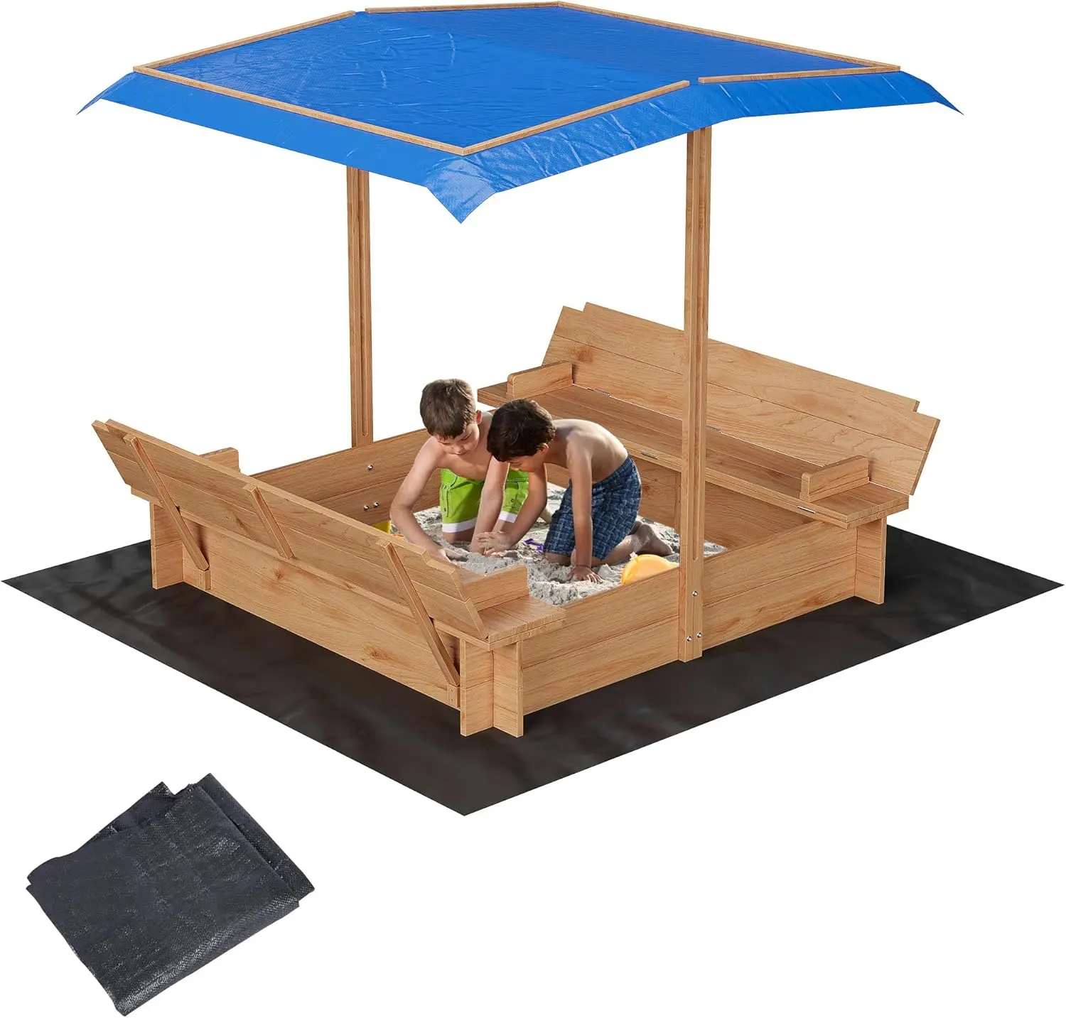 

Kids Wood Sandbox with Cover, Spacious Outdoor Play Area with 2 Bench Seats Adjustable Canopy for Ages 3-8, Sand Boxes for Backy