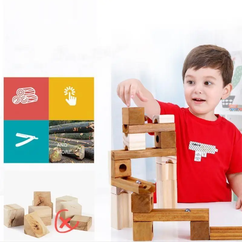 

F62D 60pcs Wooden Marble Track Assembly Building Blocks Run Maze Ball Puzzle Children Educational Kids Gift