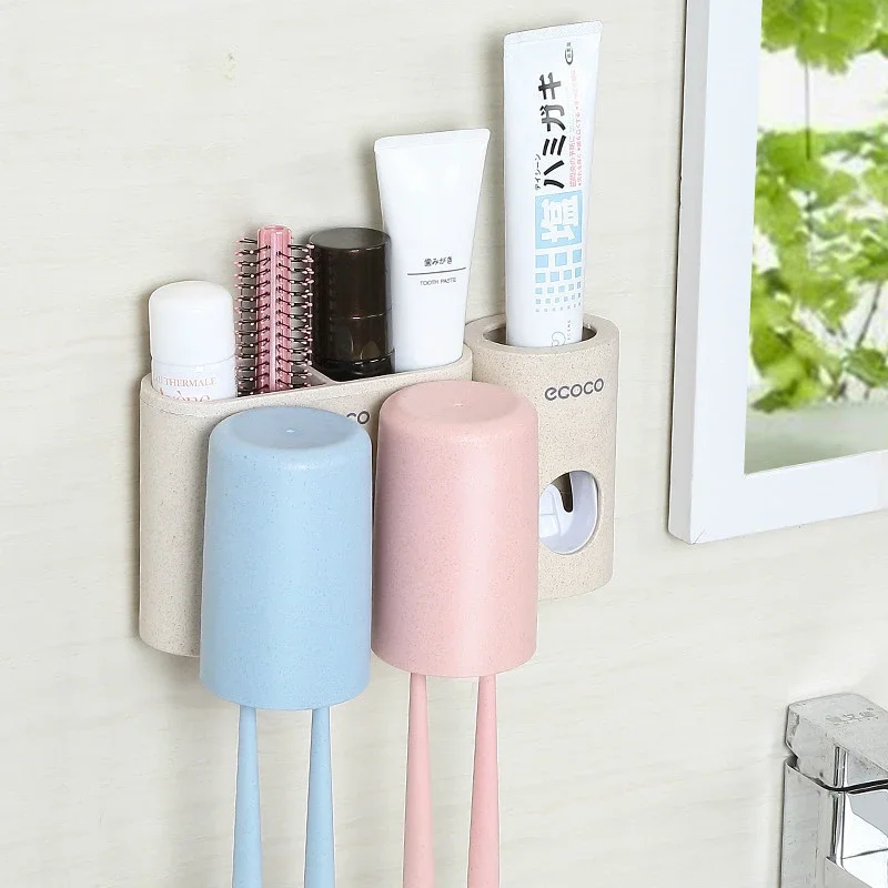 Wall Hanging Toothpaste Storage Rack, Bathroom Toothbrush Holder, Double Cup Washing, Punch-Free, Tooth Glass Suit, Couple