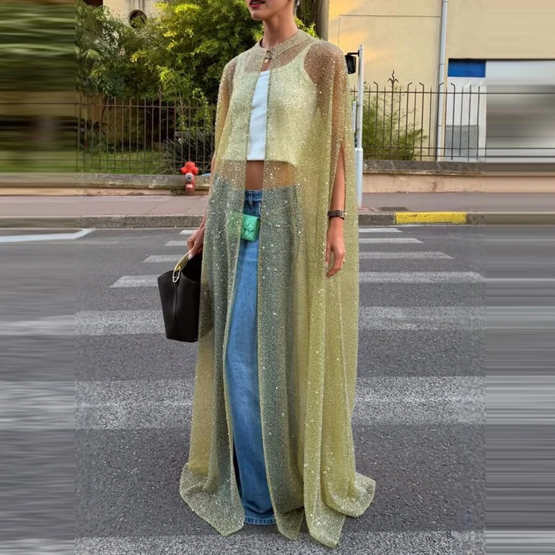 Women's Fashion Mesh Glitter Loose Cover Up Elegant O-neck Solid Shawl Cardigan Casual Cape Sleeves See Through Long Outerwears
