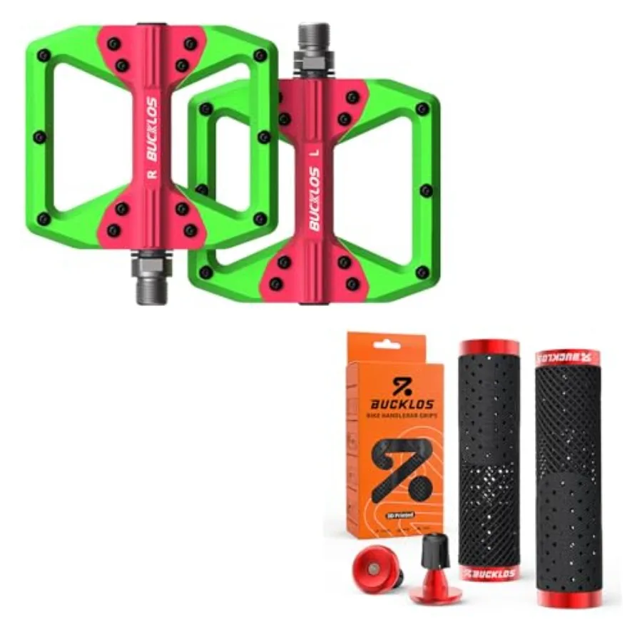 

MTB Green-Red Flat Pedals Mountain Bike Pedals Aluminum Alloy Non-Slip Pedal and GR800 3D Printed Red TPU Non-Slip Bike Handleb