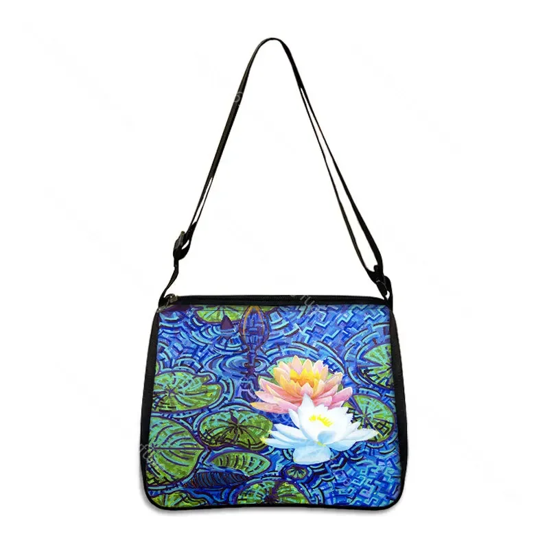 Vintage Painting Water Lily / Lotus Print Shoulder Bag Monet Women Handbag Ladies Travel Underarm Bag Portable Shopping Bags