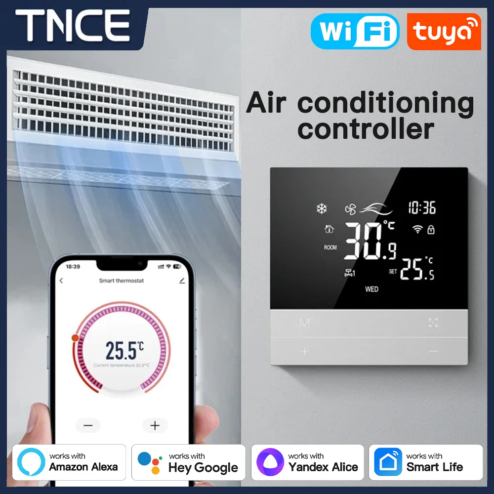 TNCE CONTROLADOR DE AIRE ACONDICIONADO Central Tuya WiFi, termostato inteligente, calefacción, Unidad de bobina de ventilador, 3 velocidades, voz,