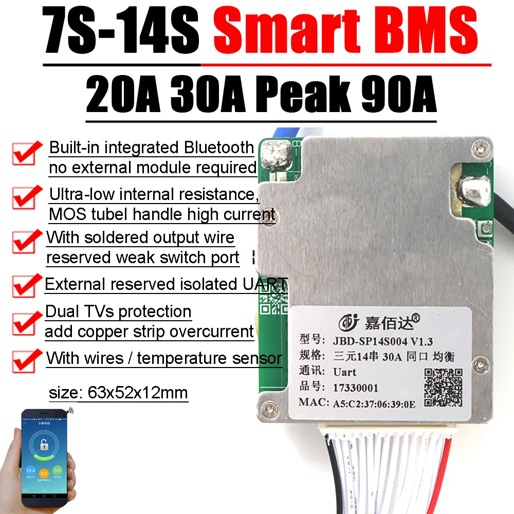 JBD Bluetooth 7S do 14S 13S płyta zabezpieczająca baterię litową Smart BMS Balance 24V 36V 48V 52V li-ion Lipo 8S 12S LifePo4 30A