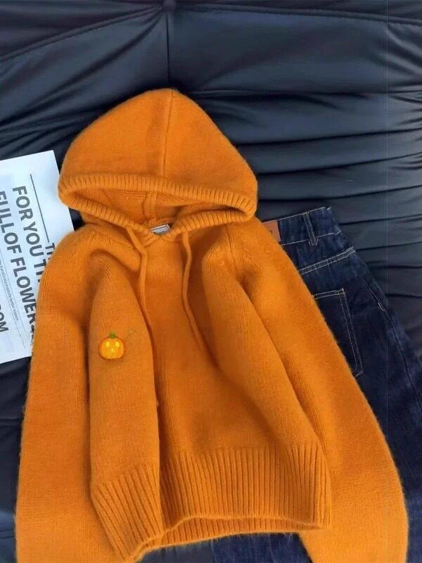 

Корейский женский утепленный мягкий свободный свитер с капюшоном из плюшевого вельвета цвета тыквы, осенне-зимний повседневный топ