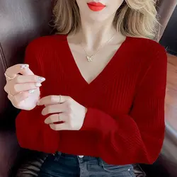 Herfst Winter Effen Kleur Eenvoudige V-Hals Trui Dame Oversized Casual Mode All-Match Trui Top Dames Losse Gebreide Trui