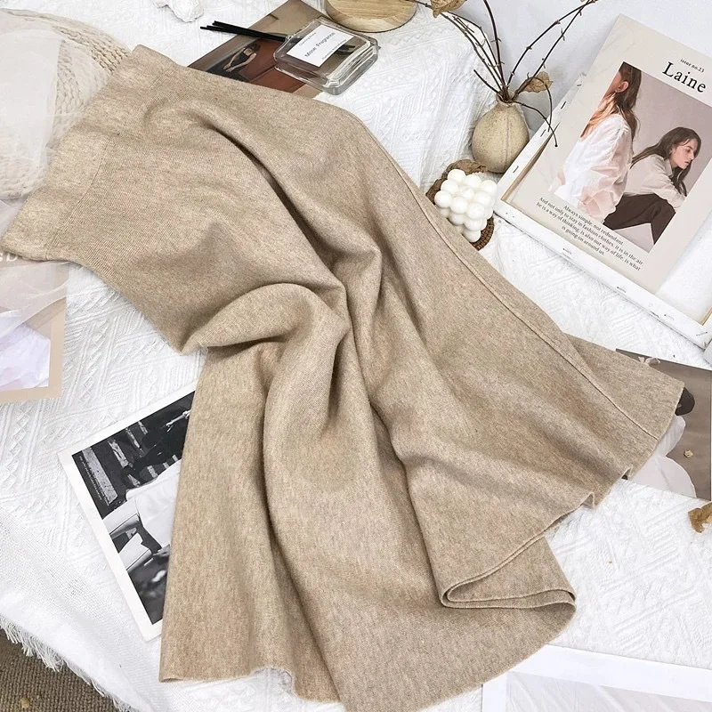 Women Retro Knitted High-Waist A-Line Midi Skirt Thick Autumn Winter Solid Color Skirts