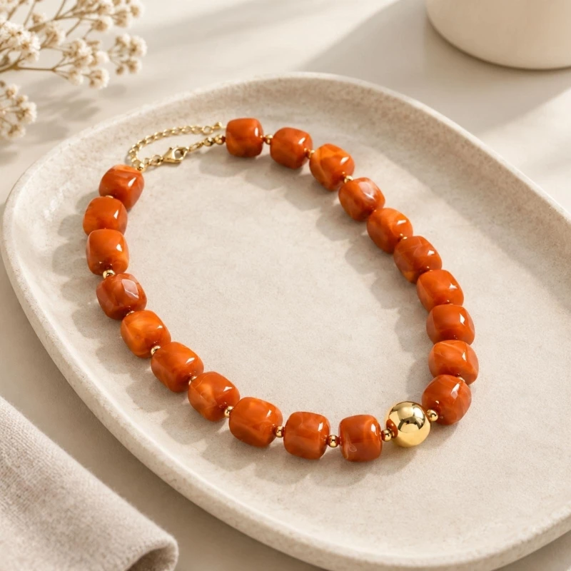 U4LF Patterned Acrylic Bead Necklace with Rounded Square Beads, Gold-Tone Spacer and Adjustable Chain Closure
