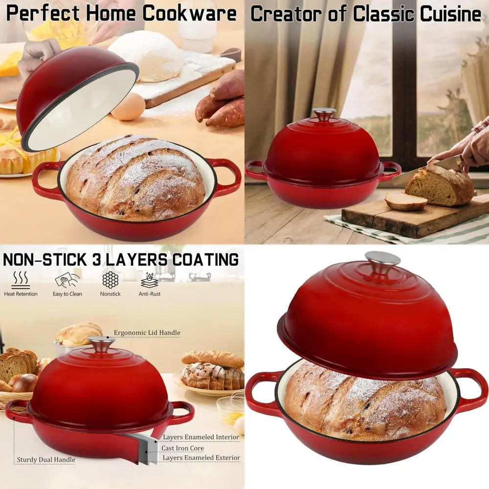 

10 Enamel Cast Iron Dutch Oven with Lid, 6 Quarts Sourdough Bread Baking Pan, Non-stick Cookware for Homemade Bread, Red