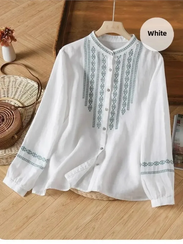 

Retro Embroidered Cotton Linen Women's Blouse Stand Collar Loose Long Sleeve Women's Shirt Spring New Style Trendy Top blusa