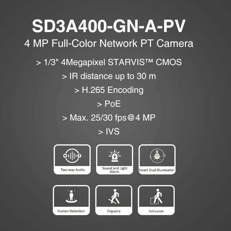 Imagem -02 - Dahua Original Sd3a400-gn-a-pv 4mp Câmera de Rede de Cor Cheia pt Ir30m Poe Inteligente H.265 Ivs ip Pan Tilt pt Câmera Built-in Mic