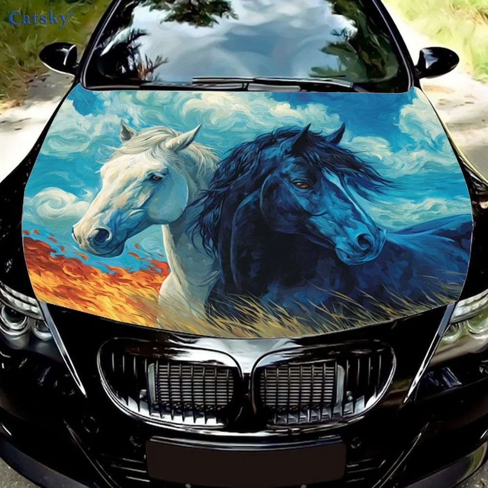 

Vibrant car hood wrap featuring a white and blue horse against a fiery, cloudy sky backdrop. Perfect for unique vehicle styling!