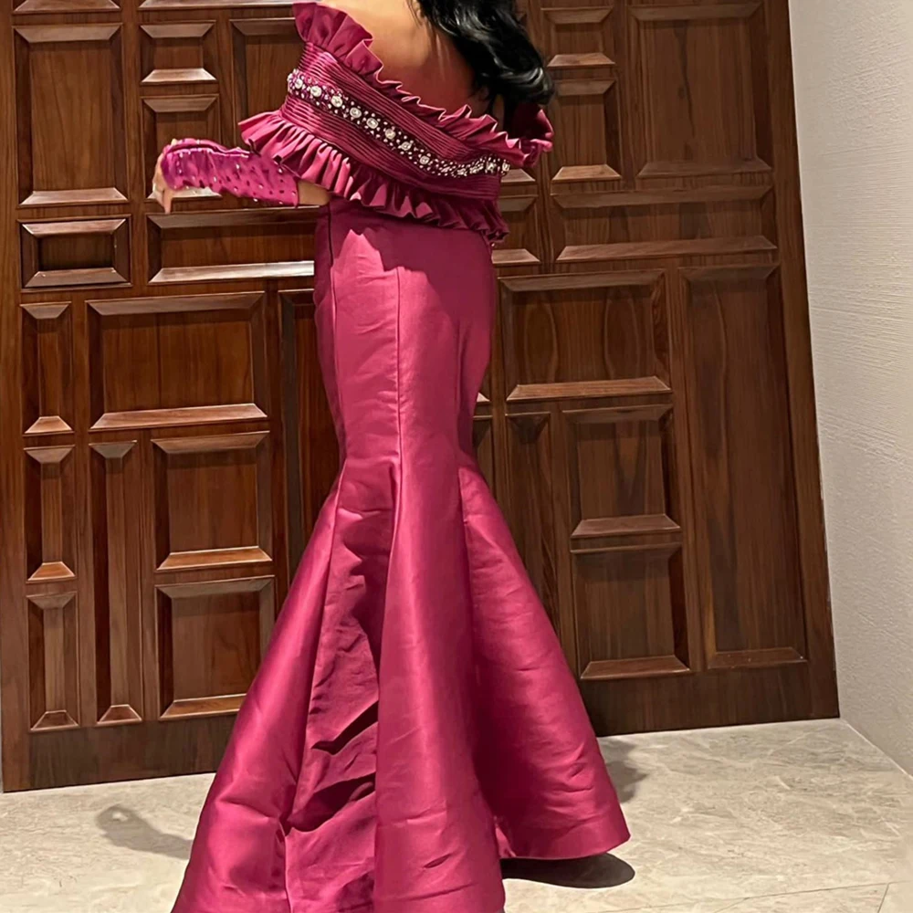 Temperament  Crystal Ruffles Boat Neck Floor Length Mermaid Detachable Sleeve Evening Dress Satin Off the Shoulder فساتين سهرة