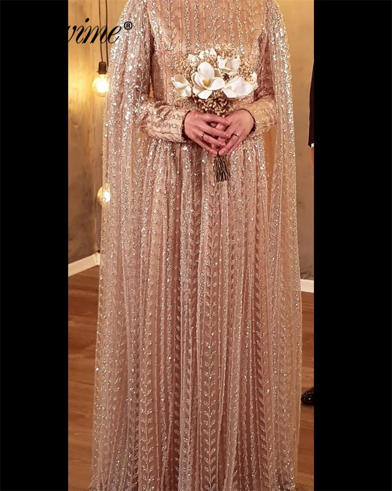 Arabic Pink Beaded Wedding Party Dress Muslim Long Sleeve Elegant Engagement Evening Gowns Custom Made A Line Cape Prom Dresses