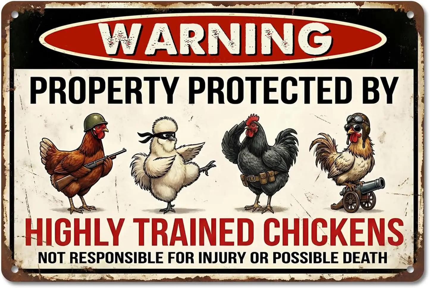 Funny Chicken Coop Decor Warning Highly Trained Chickens Tin Sign - Rustic Farm Decor, Backyard Fence Signs - Gag Gifts for Chic