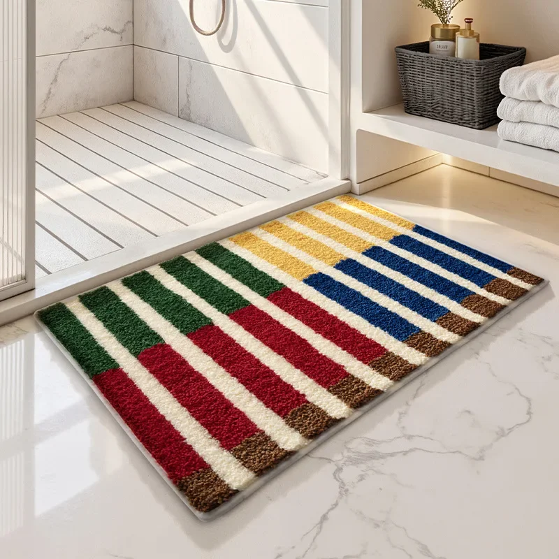 Bathroom Carpet, Toiletries, Square Stripes, Absorbent, Non Slip, Quick Drying, Bathtub Mat, Machine Washable, Reusable, Durable