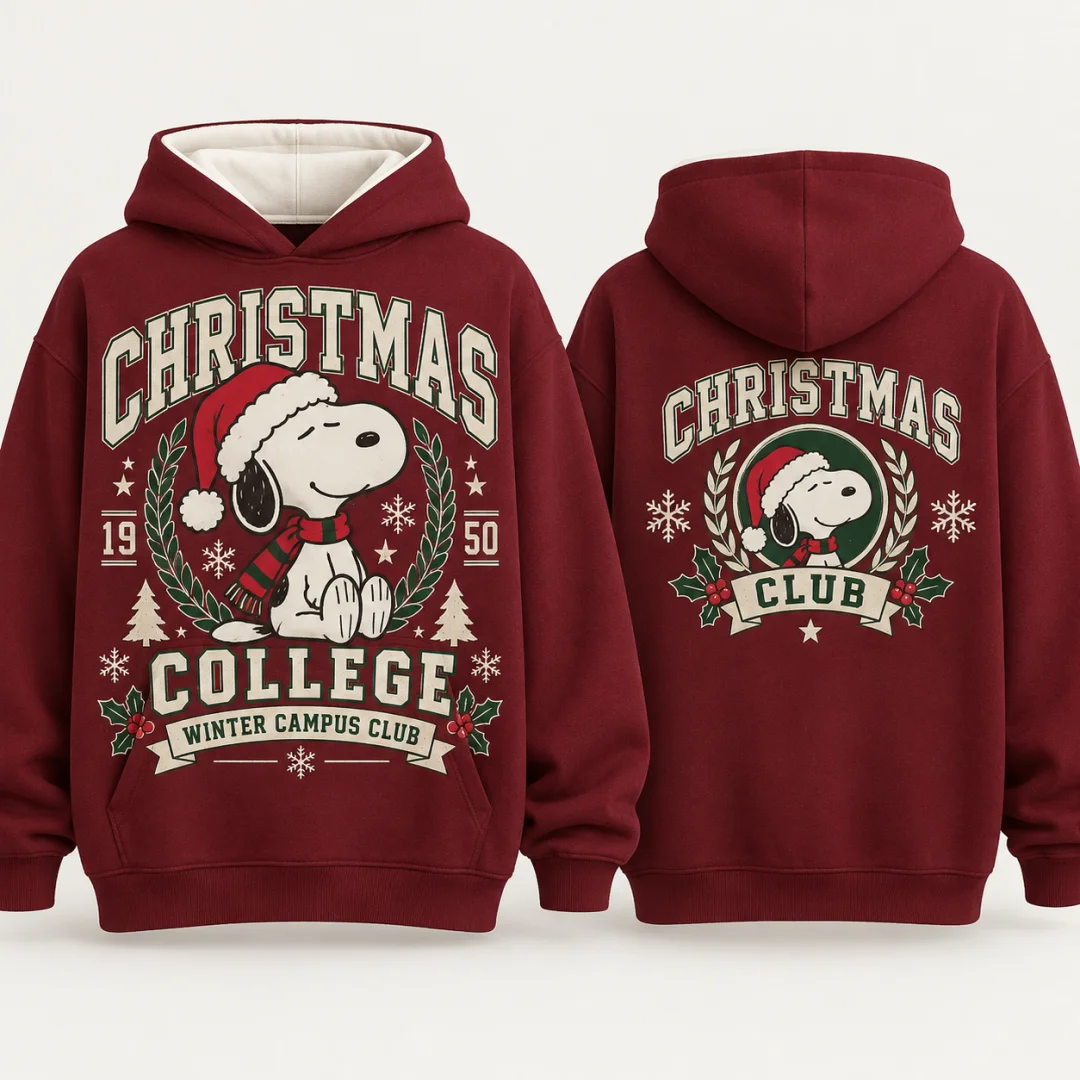 Unisex Winter Campus Club Christmas Hoodie Cartoon Beagle Dog Santa Hat Snowflake Pine Tree Holiday Kids Pullover Sweatshirt