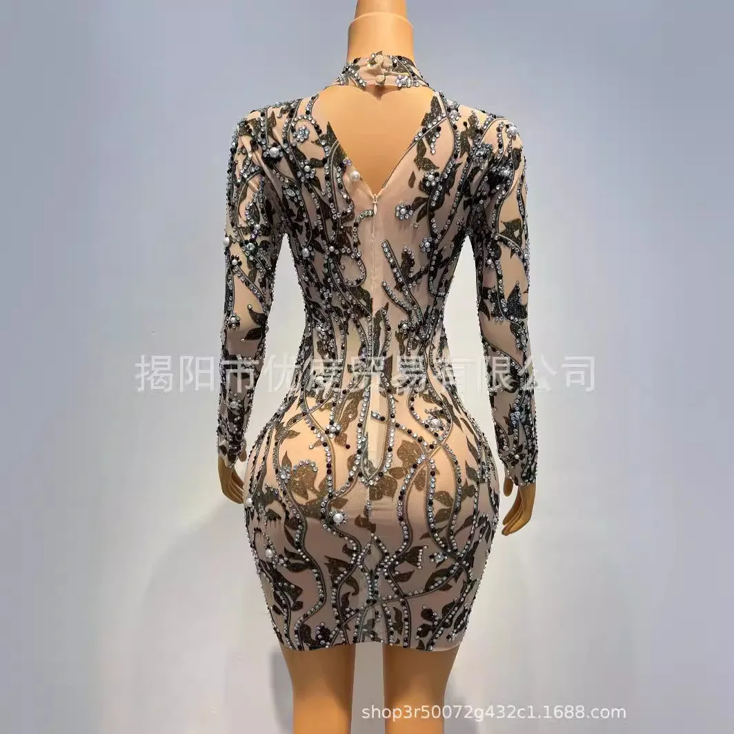 البرية لامعة مثير منظور شبكة حجر الراين فستان عيد ميلاد كوكتيل حفلة تنورة أداء فستان أسود ورقة حجر الراين فساتين