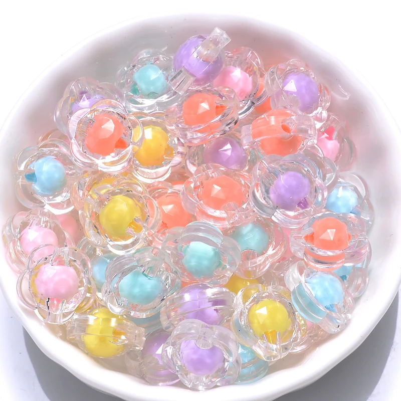 30 Pcs/lot Transparent Candy Color Acrylic Flat Round Flower Beads Loose Spacer Beads for Jewelry Making Diy Accessories