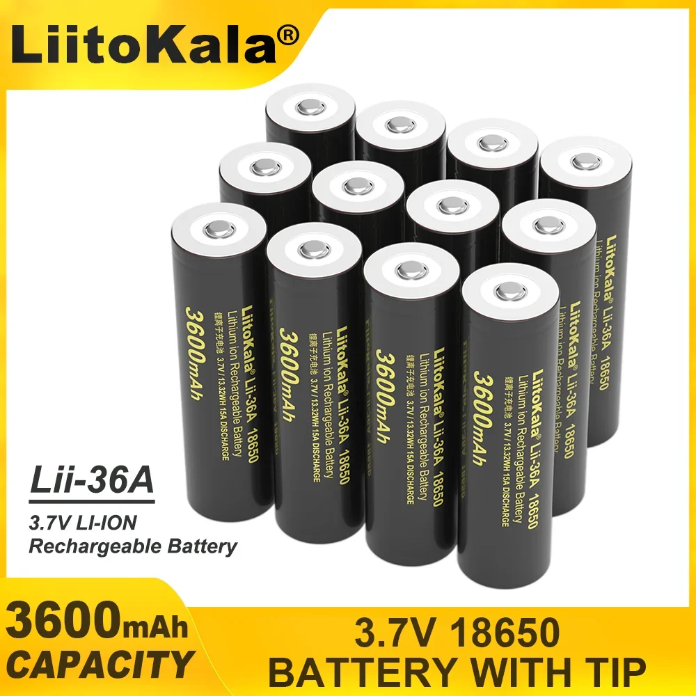 LiitoKala Lii-36A 18650 3600mAh 3.7V Lithium Rechargeable Battery 10A Discharge Batteries with Pointed (No PCB) for Flashlight