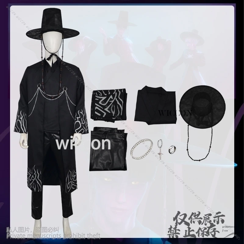 أنيمي فيلم Kpop شيطان ساجا بوي تأثيري جينو القوطي زي الكورية المعبود طويل أسود موحدة قبعة الوشم الدعامة وسيم هالوين كوسبفلي