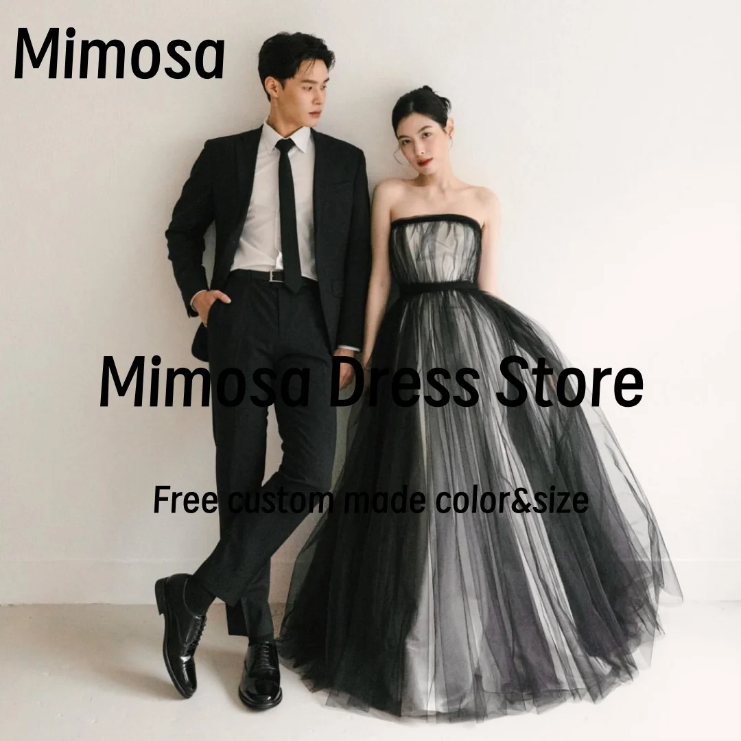 

Mimosa Prom Dresses 2025 Strapless Robes De Soirée Black Ruched Tulle Wedding Party Evening Dress Korea Women Wear Customized