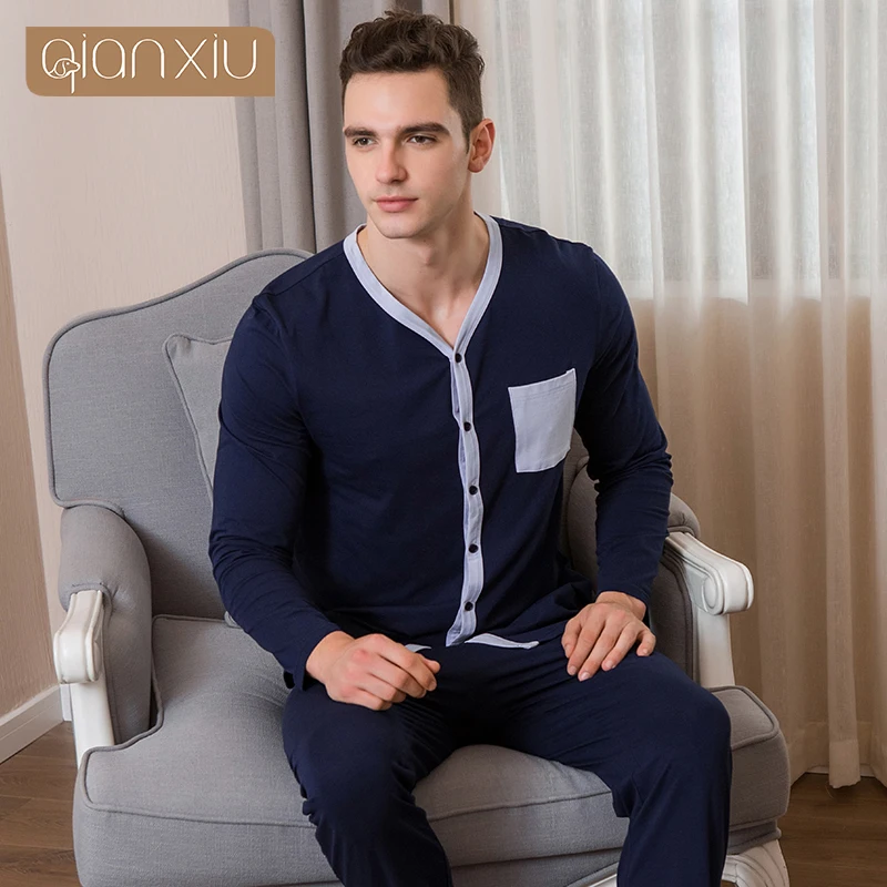 Pijama azul oscuro de algodón para hombre, traje de manga larga con cuello redondo, ropa de dormir, camisón, primavera y otoño