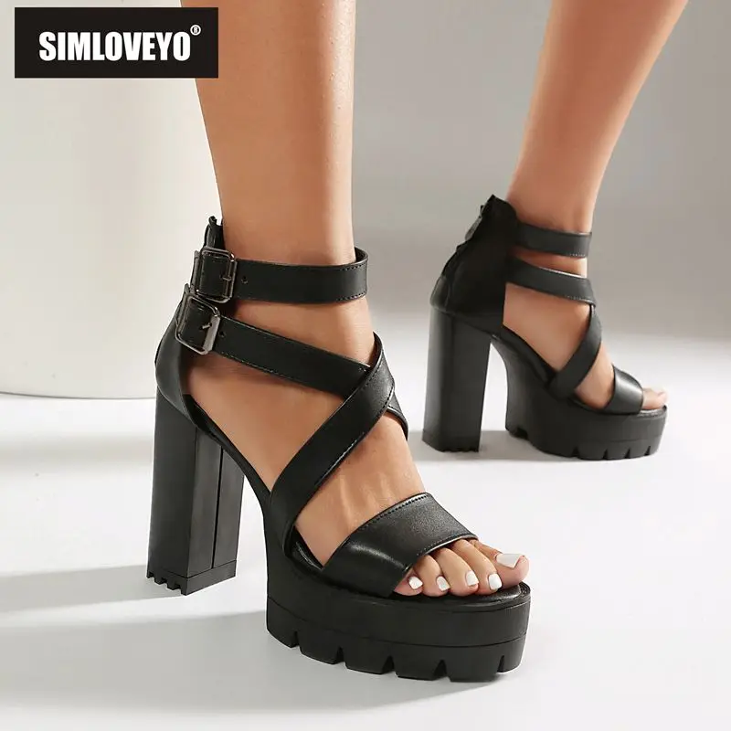 

SIMLOVEYO Brown Female Sandals Round Toe 11cm Block Heel 3.5cm Platform Zipper Belt Buckles Plus Size 44 45 46 Sexy Dating Shoes