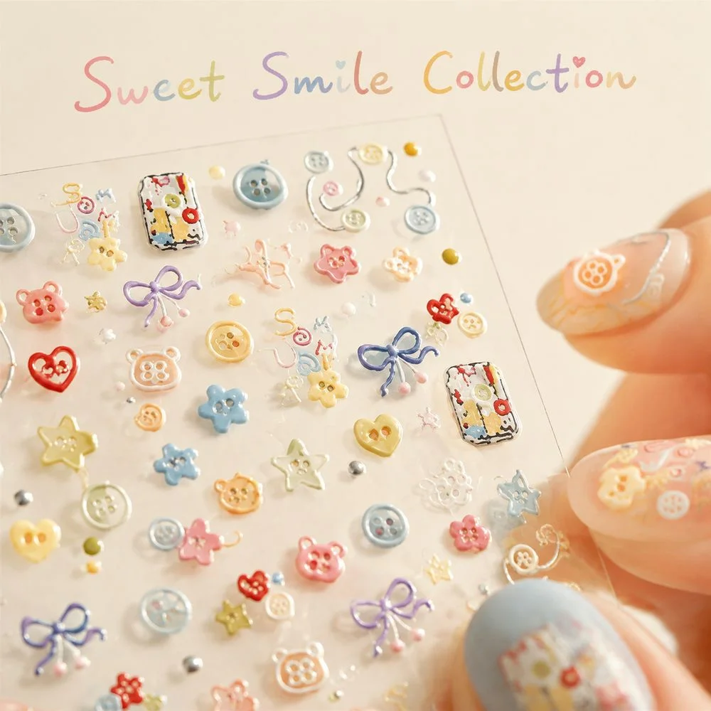1Pc Bow Flower Cartoon Button Nail Stickers 5D Embossed Self‑Adhesive Sewing Grid Decals Sweet DIY Manicure Nail Art Decor Kit