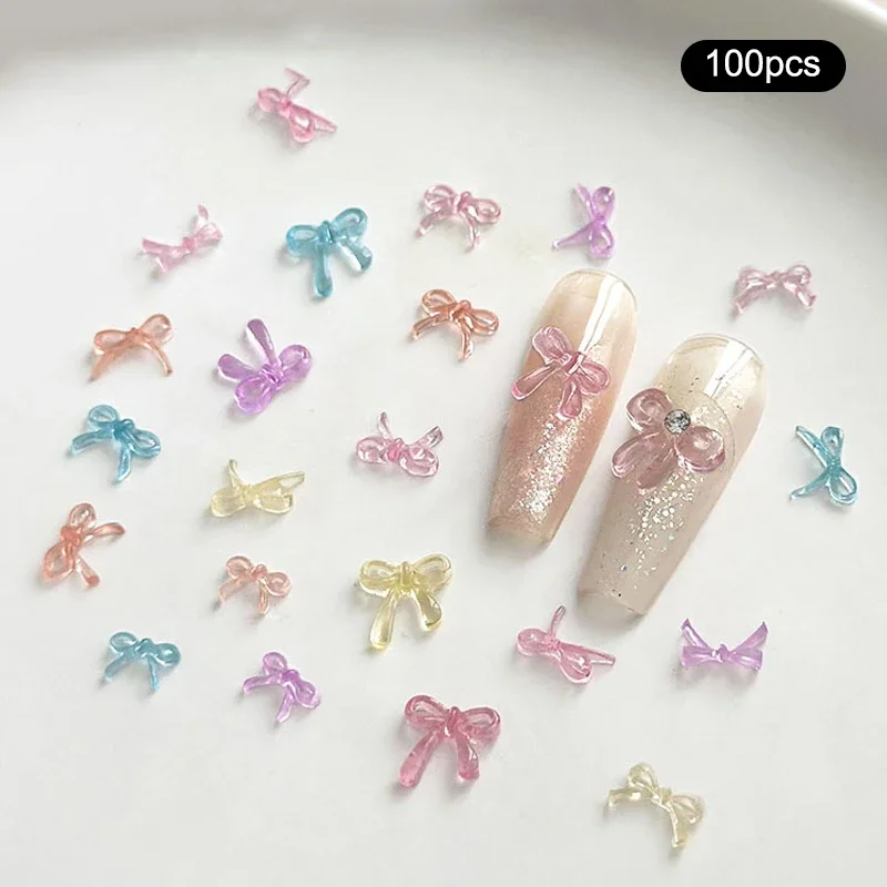 100 pièces portant un accessoire de diamant pour Nail Art, glace sculptée douce, ruban de couleur Transparent, nœud papillon, outils de décoration pour Nail Art