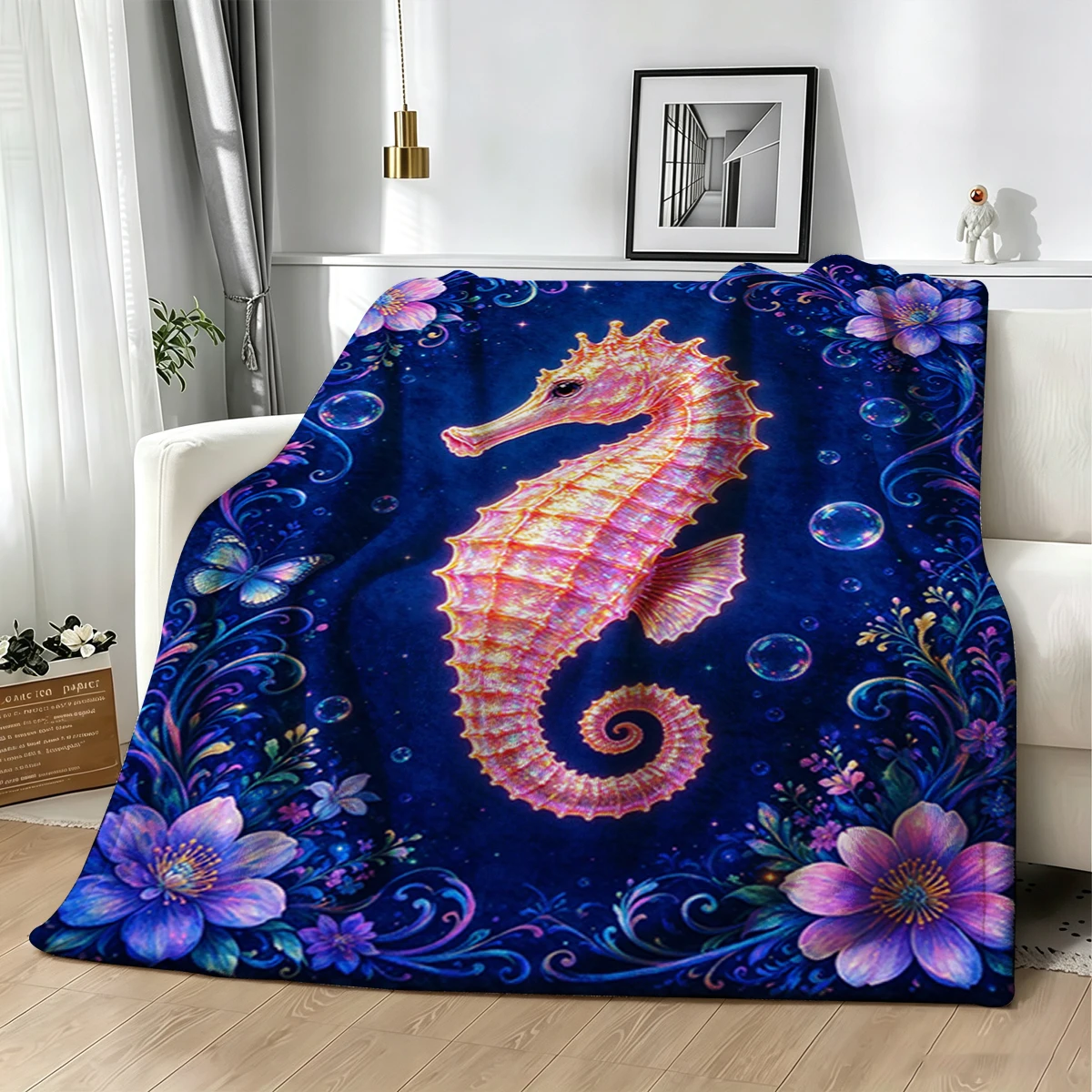Neon Blue Green Seahorse Flannel Blanket Warm Soft Halloween Christmas Decorative Couch Warm Cozy All-Season Gift - view 6