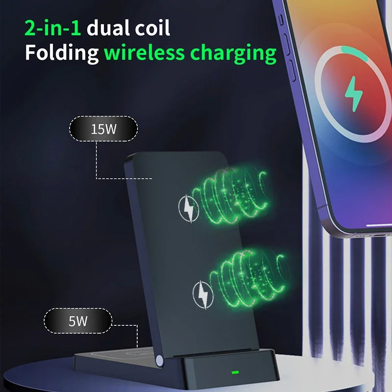 Dual-Coil 2-in-1 Faltbares Kabelloses Ladegerät Telefonhalter für iPhone 17 16 15 14 13 12 Xiaomi Airpods 2 Pro4/3 Schnellladeständer – Detail 1