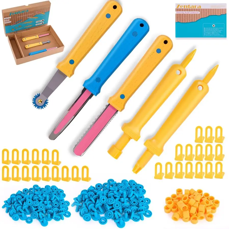 

Cardboard Construction Toolbox Set with Wood Handle 401PCS Complete Building Kit with Safe Cardboard Cutters for DIY Craft Item