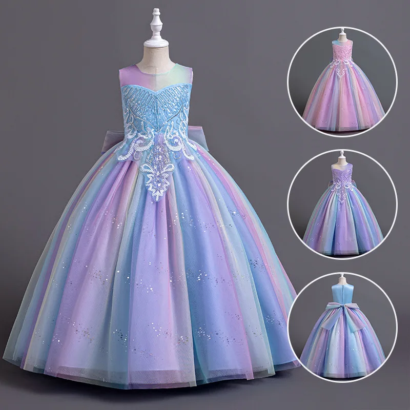 

Girl's New Sequin Sticker Bow Rainbow Sleeveless Mesh Long Princess Dress Wedding School Graduation Ceremony Fashion Dress