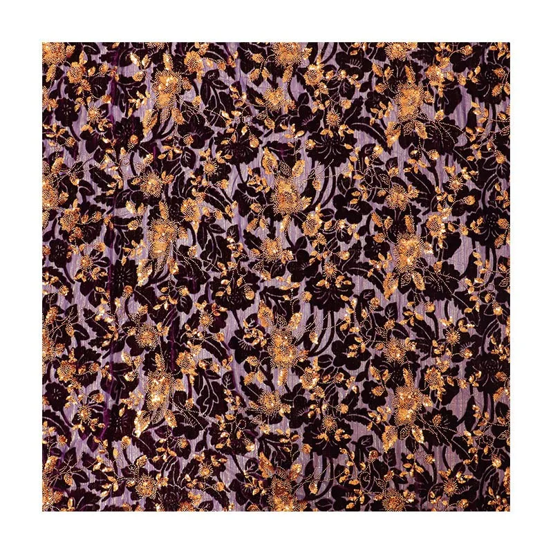tessuto tridimensionale con perline di fiori ricamati con linee dorate, tessuto con paillettes per abiti da sposa, abiti da sera e donne