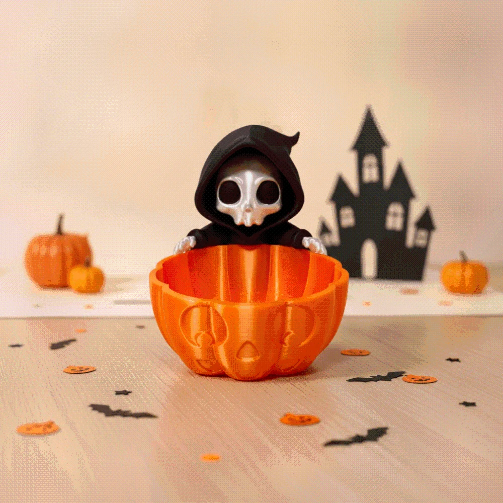 Orange Grim Reaper Candy Bowl Lightweight Rigid 3D Printed Pumpkin Dish Odourless Flat-Bottom PLA Desktop Organizer Party Hosts