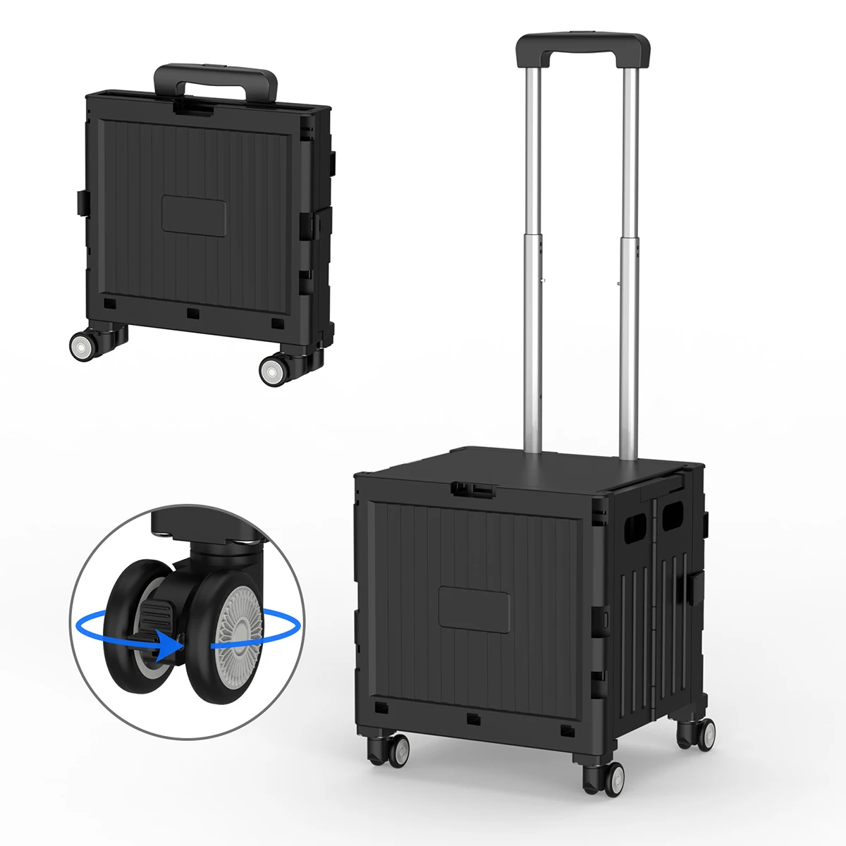 Folding Utility Cart Portable 360° Rolling Wheels Telescopic Handle Trolley Collapsible Shopping Box with Lid for Camping Office