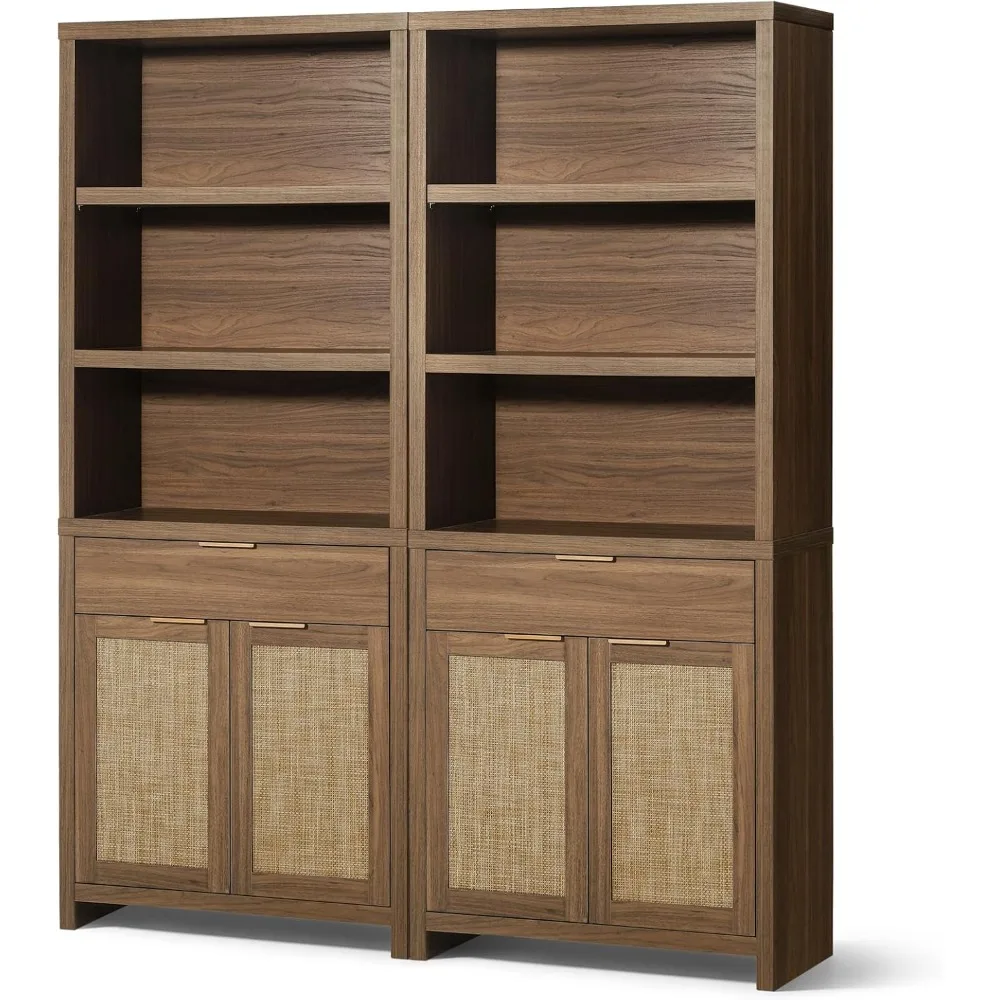 Rattan Bookcase with Doors Cabinet and Drawer, 5-Tier Bookshelf, for Library Living Room (Special Walnut, 2 Pieces)，Bookcases