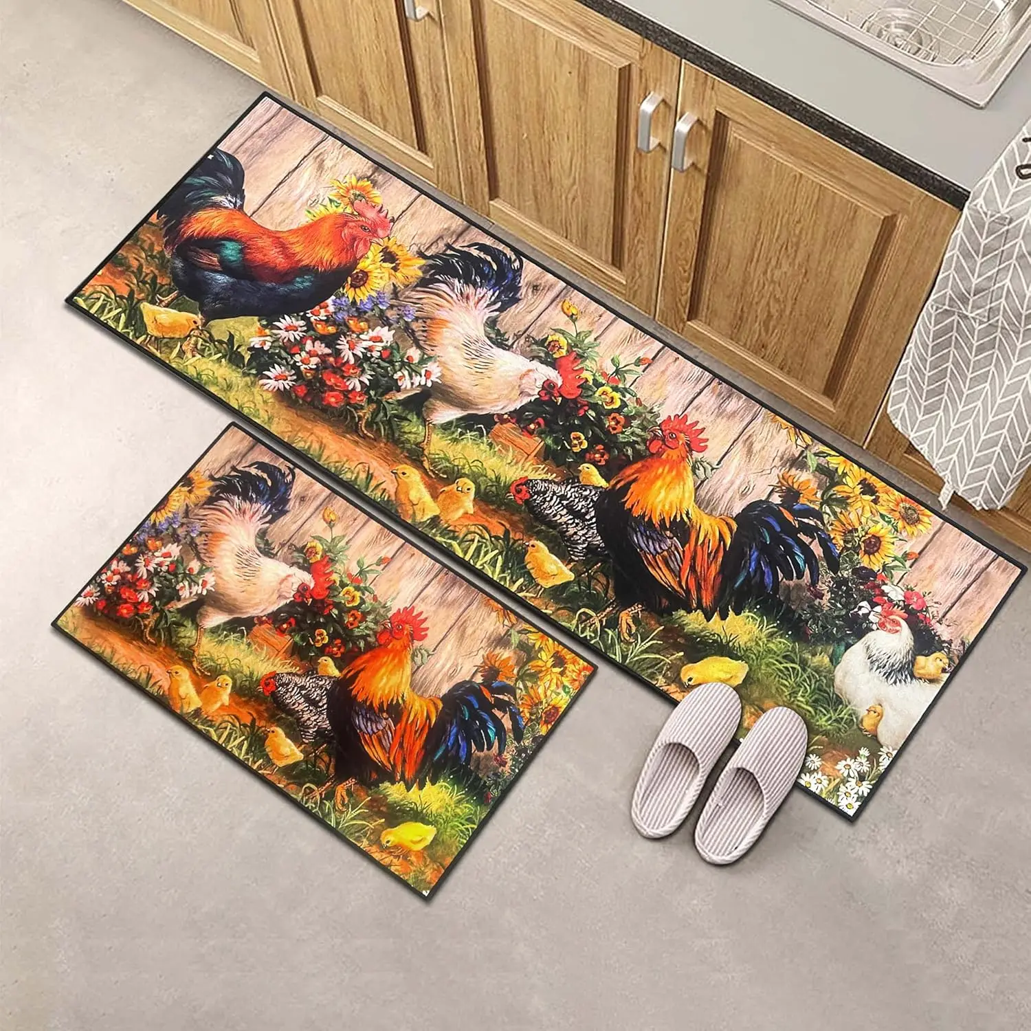 VIKAMA 1/2 pcs Rooster Kitchen Rug Home Decor, Rustic Farmhouse Style Decorative Kitchen Mat, Non-slip Corridor Foot Mat
