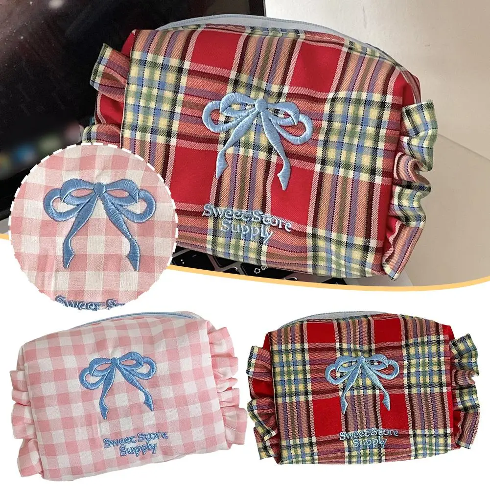 Plaid Bow Coin Purse Organizer Bag Student Sweet Plaid Pocket Ruffled Bag Embroidered Toiletry Travel Z0I0