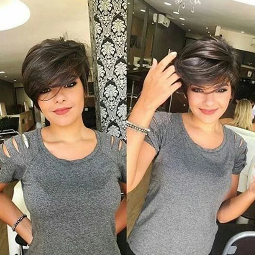 شعر مستعار قصير مستقيم بقص عابث، شعر مستعار قصير الطبقات مصنوع آليًا بالكامل، شعر مستعار طبيعي مع غرة للاستخدام اليومي #3