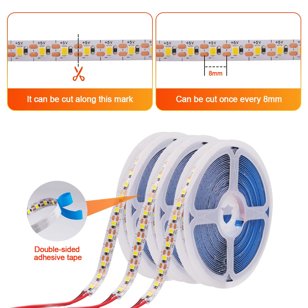 Tira de luces LED USB para decoración del hogar, cinta Flexible de 5V CC, SMD 2835, 120LEDs/M, 3000K, 4000K, 6000K, ancho de 3MM, 5MM, 8MM