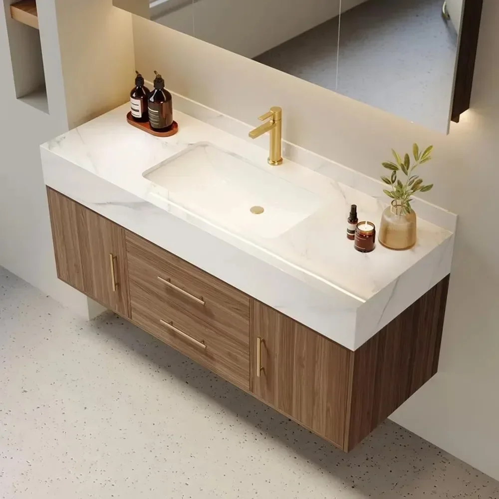 

Modern 39" White Floating Bathroom Vanity Set Stone Top Wall Mounted Bathroom Cabinet (Walnut) Washbasin Cabinet With Sink Home