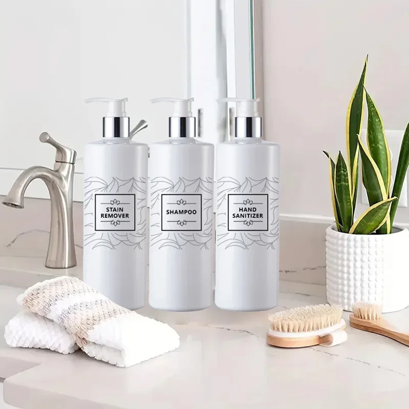 3 Pack White Shampoo Dispenser Kitchen Soap Pump Bottle Refillable Bathroom Gel Liquid Cosmetic Empty Container with 20 Labels